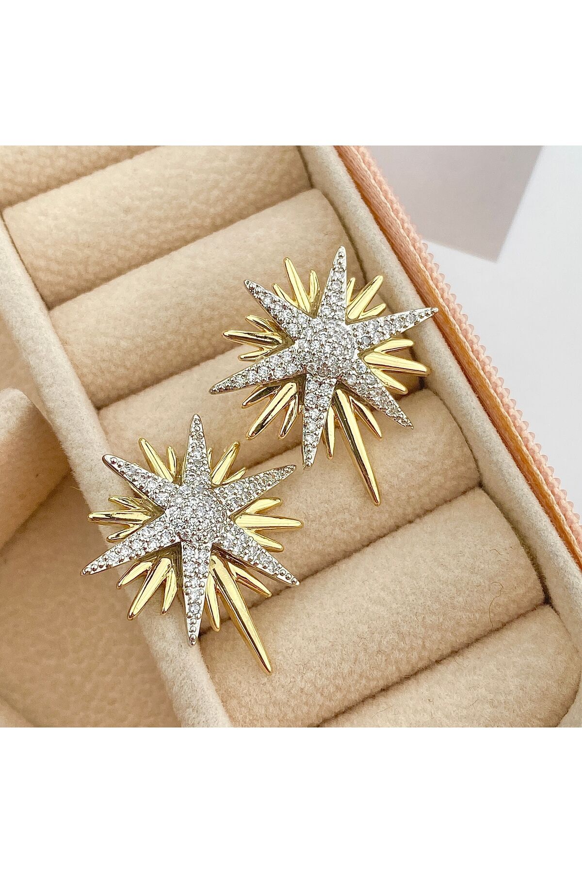 Kutup Yıldızı Küpe Full Zirkon Taşlı Küpe Çift Renk