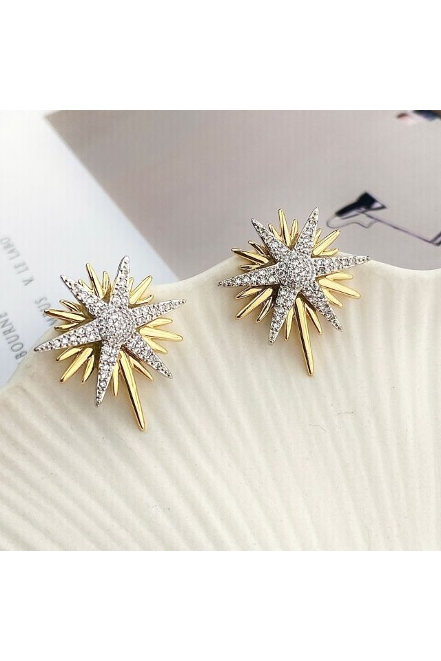 Kutup Yıldızı Küpe Full Zirkon Taşlı Küpe Çift Renk