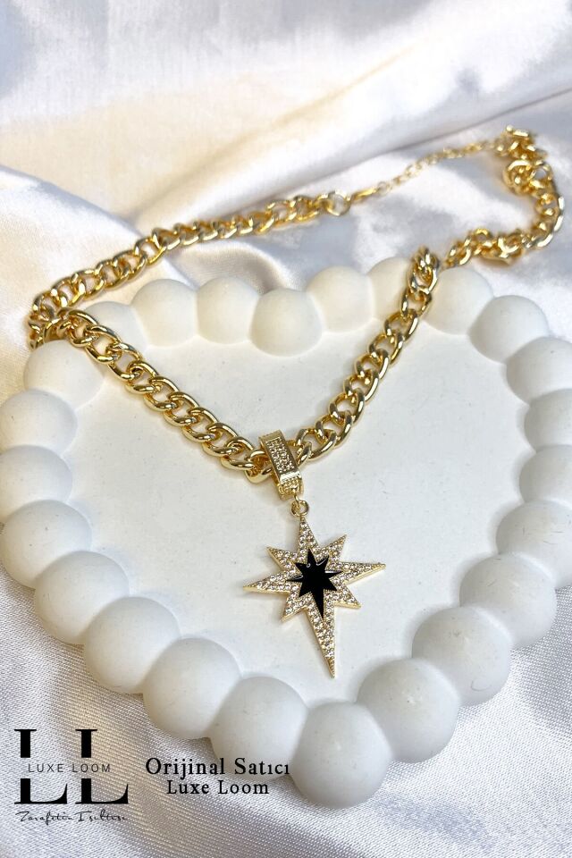 Kadın Siyah Mine Yıldızlı Zirkon Taşlı Çağla Şikel Kolye 002