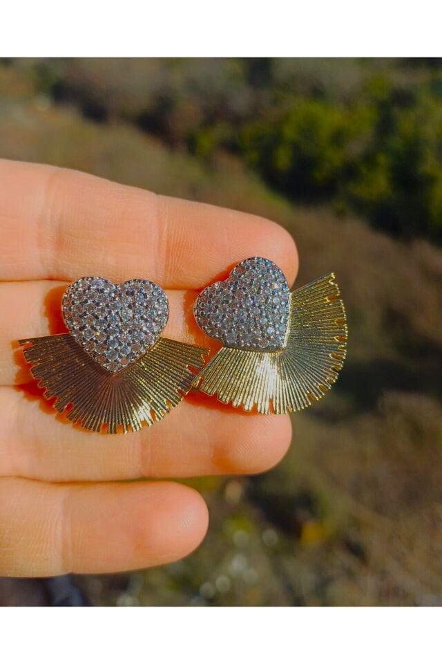 Işıltılı Kalp ve Gold Yelpaze Küpe