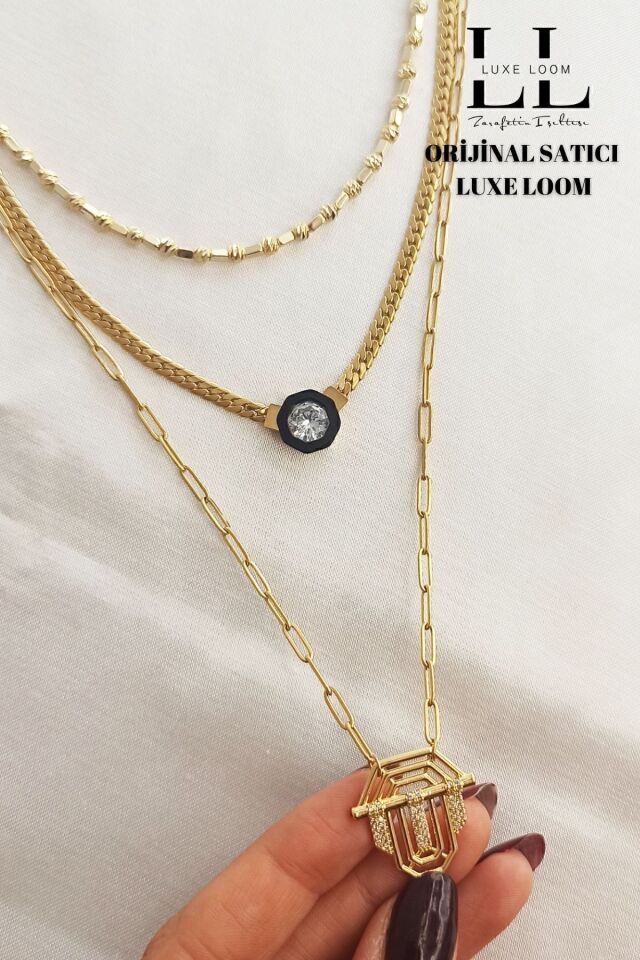 Kadın Gold Renk Leyla 3'lü Çelik Kolye Seti Çelik Kolye Seti