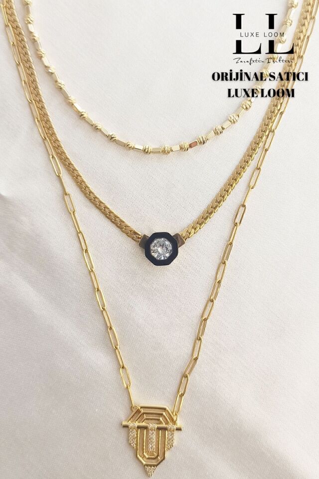 Kadın Gold Renk Leyla 3'lü Çelik Kolye Seti Çelik Kolye Seti