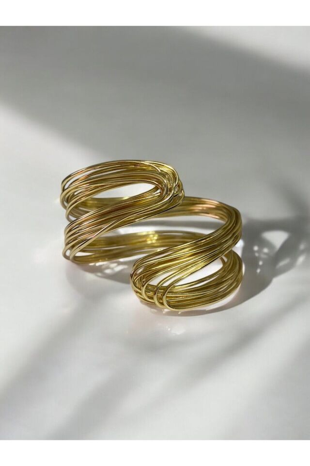 Kadın Çelik Altın Renk Kaplama Ayarlanabilir El Yapımı Tel Sarma Kelepçe Bileklik