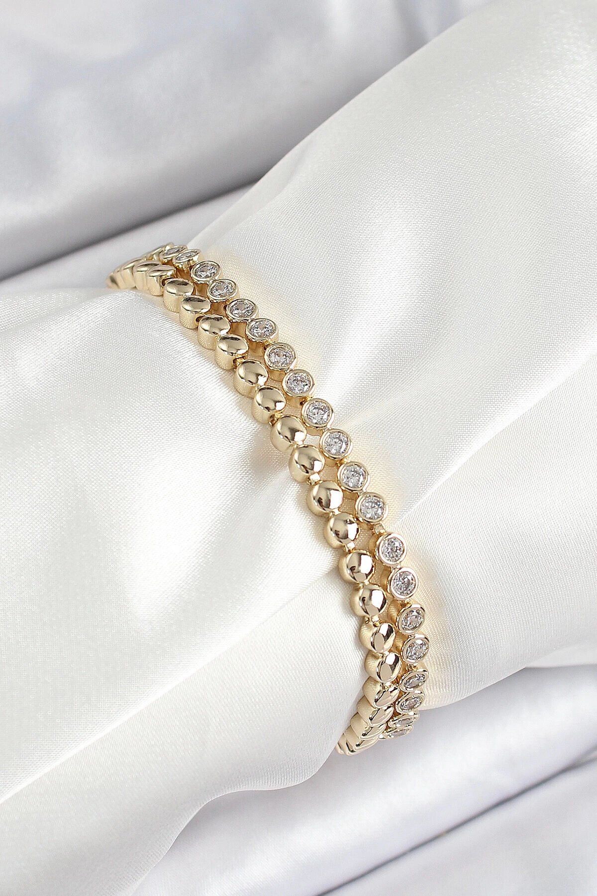 Xuping Pirinç Zirkon Taşlı Çift Görünümlü Model Gold Renk Kadın Bileklik