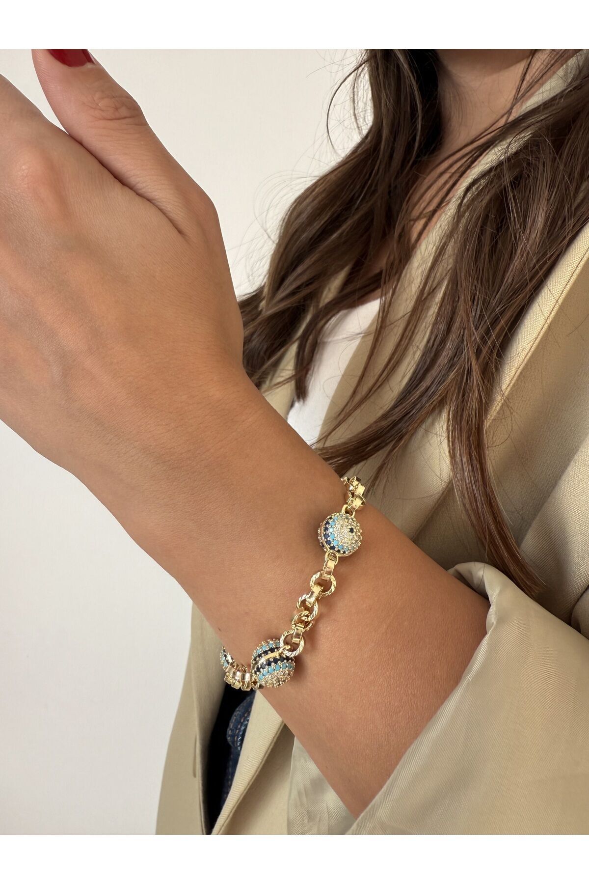 14 Ayar Altın Kaplama Zirkon Taşlı Nazar Boncuk Detaylı Xuping Bileklik