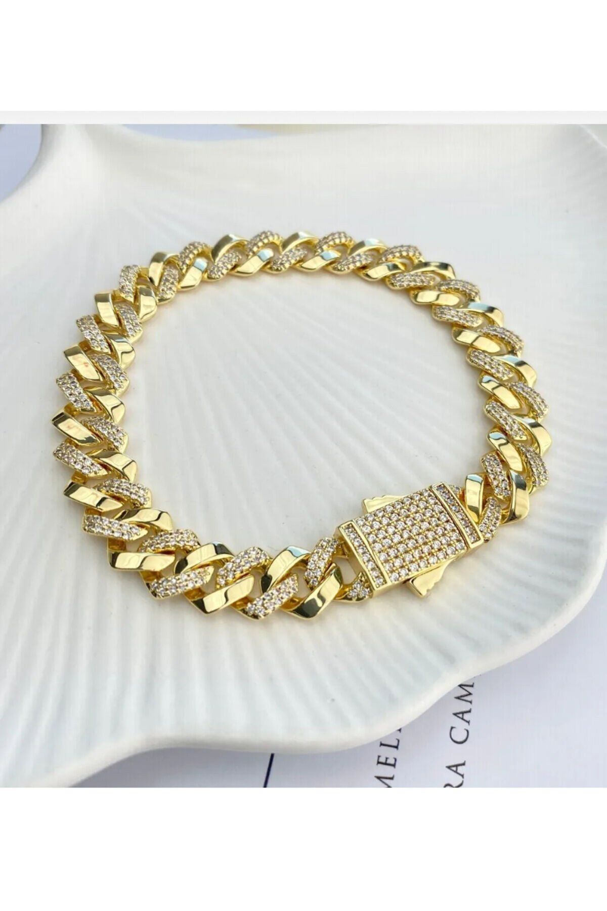 Gurmet bileklik tam tur zirkon taşlı kalın zincir çelik kararmaz