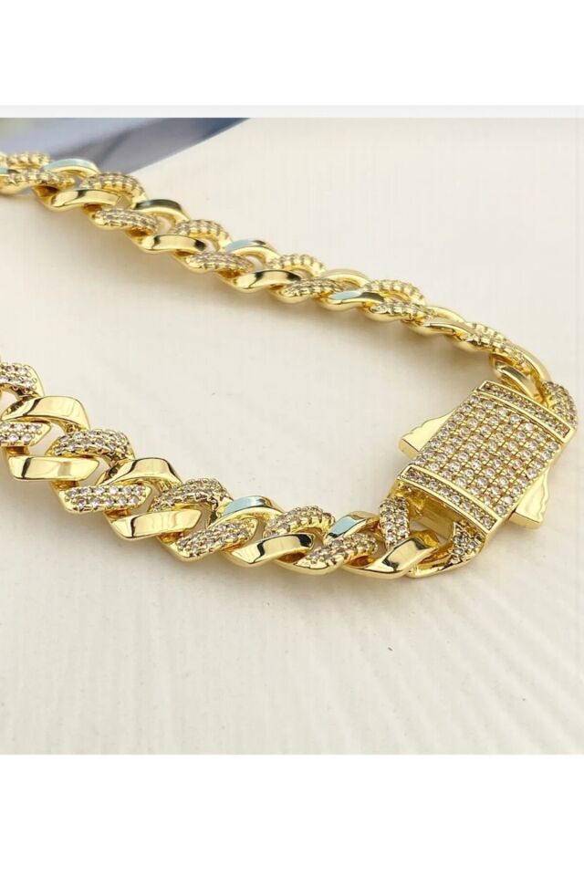 Gurmet bileklik tam tur zirkon taşlı kalın zincir çelik kararmaz