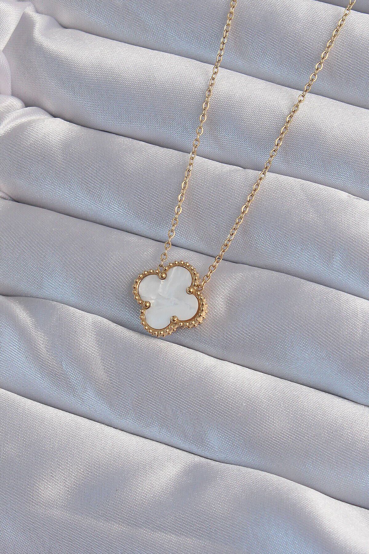 316l Çelik Özel Seri Gold Renk Beyaz Sedefli Yonca Kolye