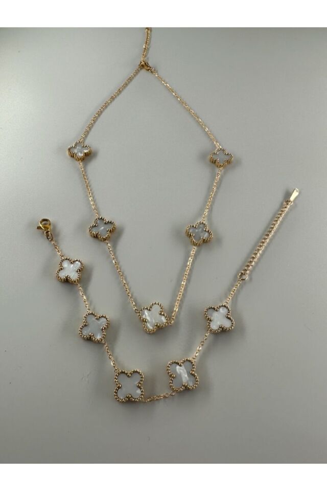 Çelik Üzeri 18 K Altın Kaplama Beyaz Yonca Model, Marka Kolye Bileklik Set