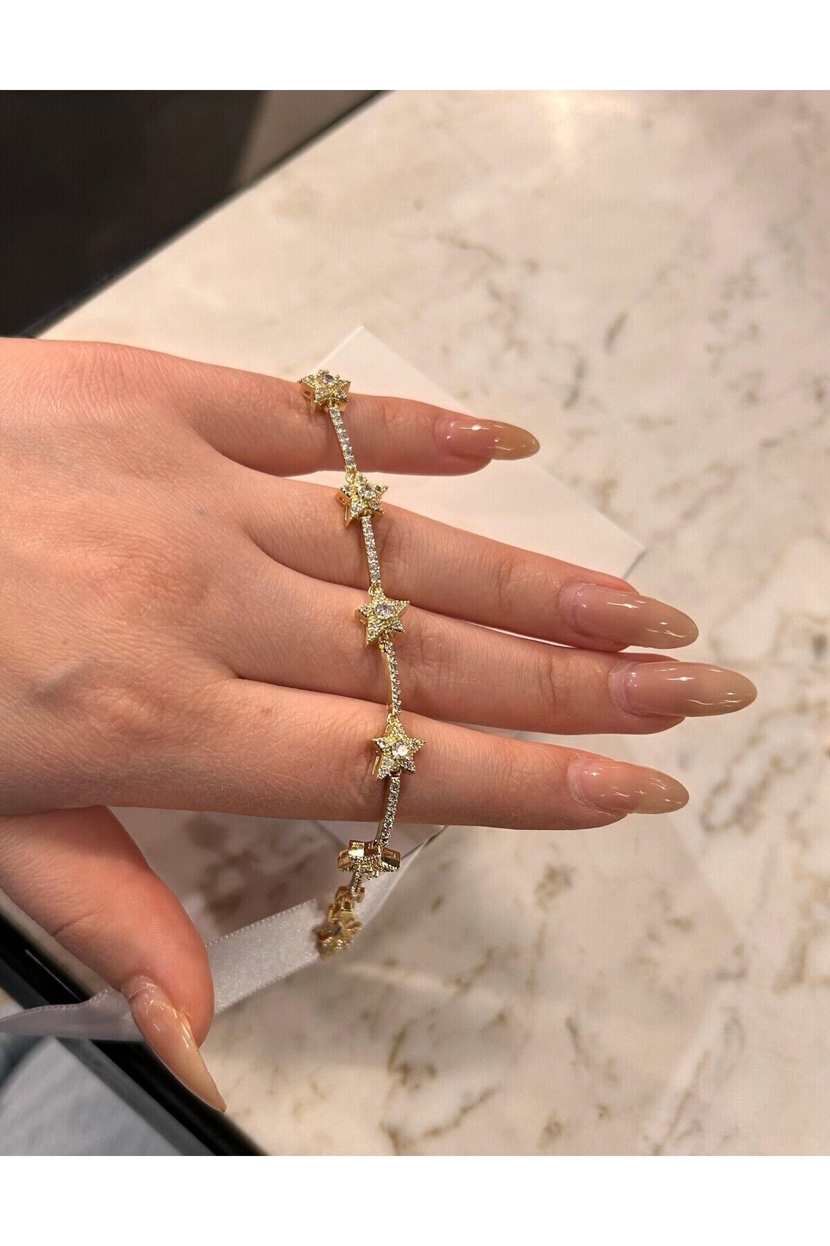 Çelik Zirkon Taşlı 14 K Renk Yıldız Bileklik