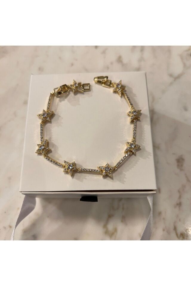 Çelik Zirkon Taşlı 14 K Renk Yıldız Bileklik
