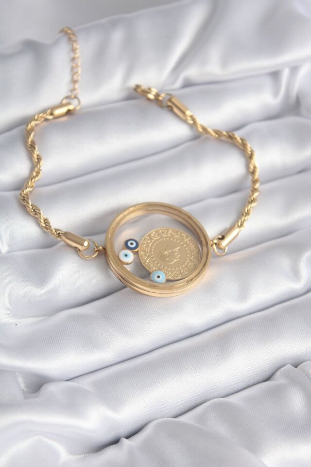 316L Çelik Gold Renk Burgu Zincir Fanus Çeyrk Model Kadın Bileklik - TJ-BB5787