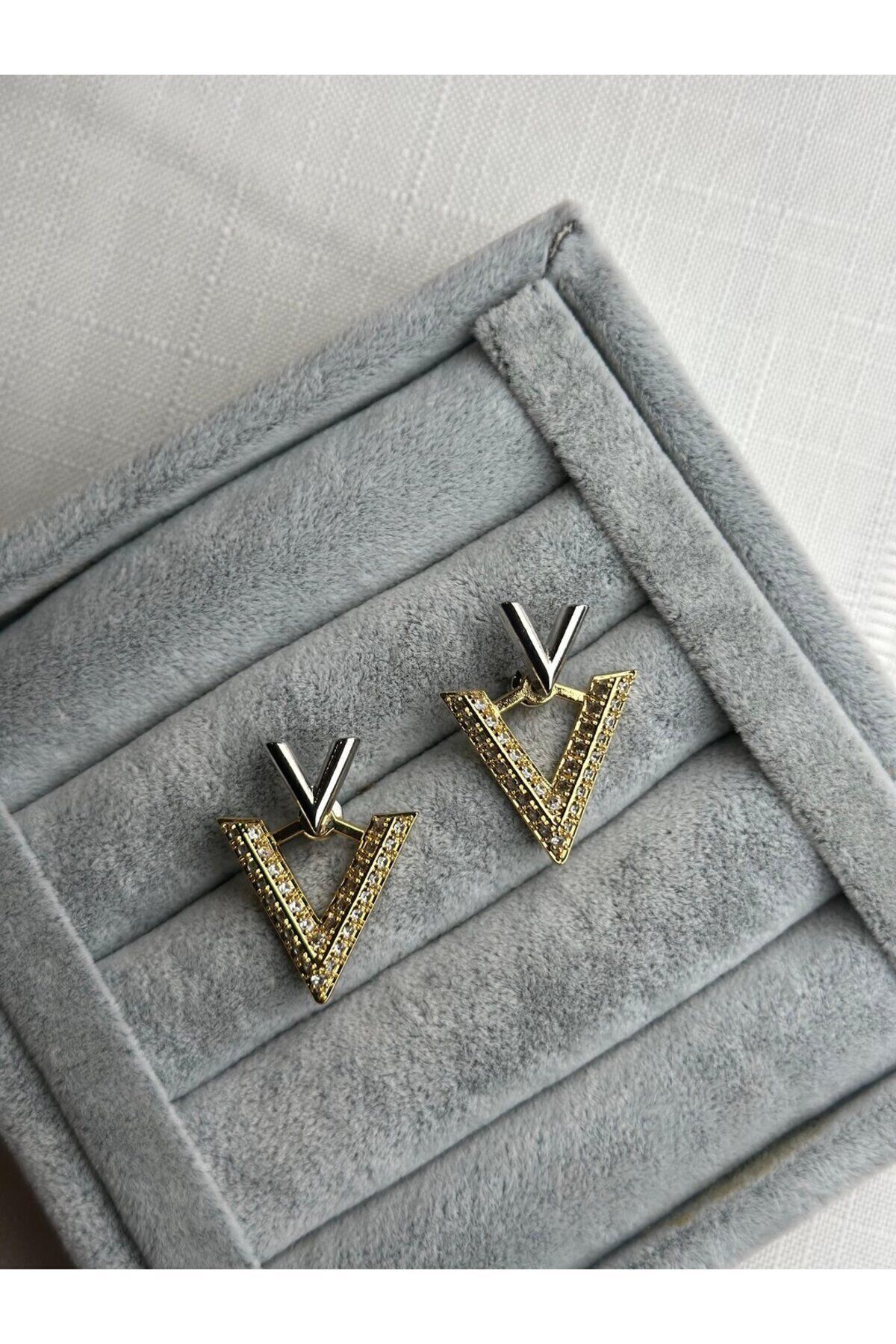 Çift Renk Taşlı V Küpe