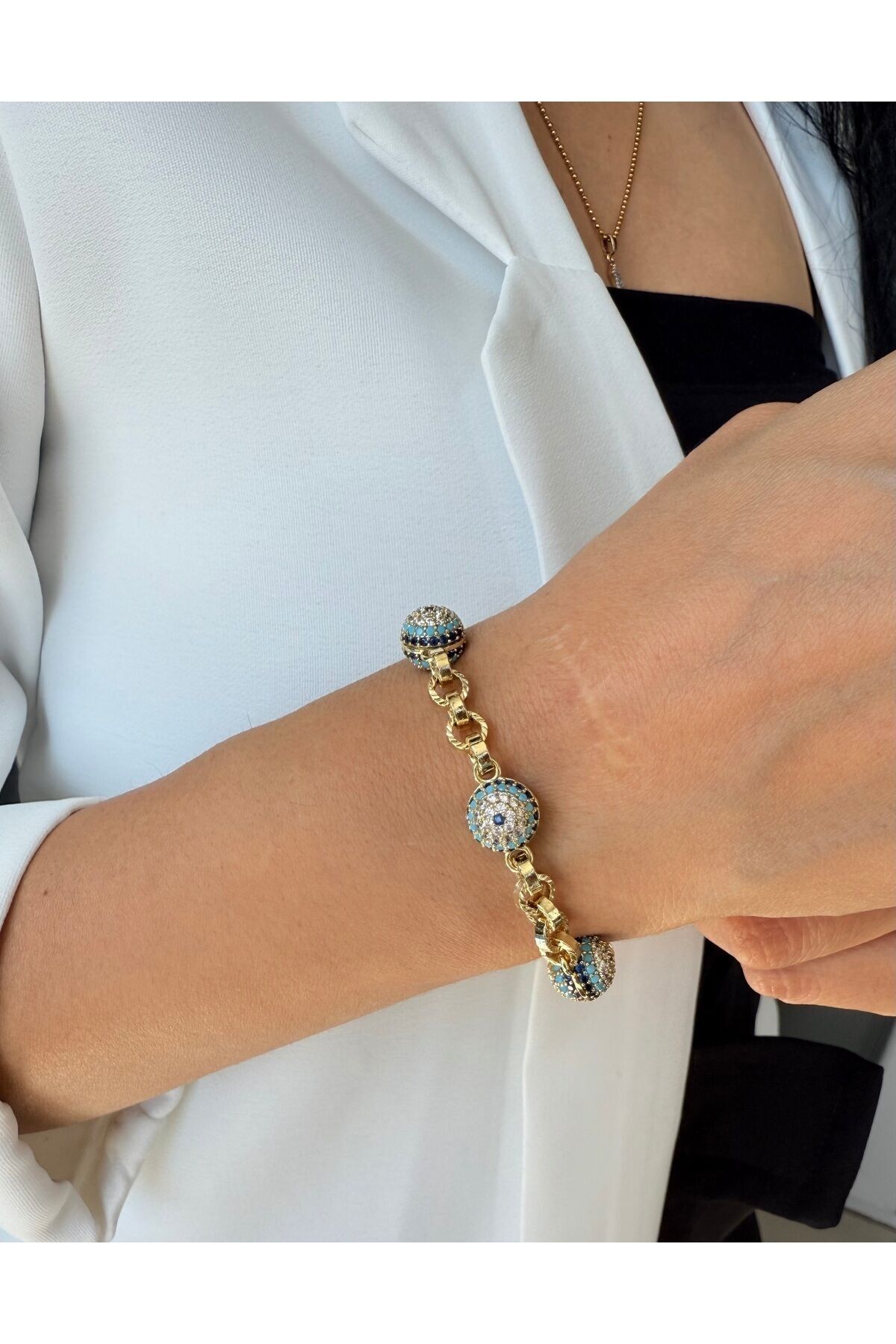 Nazar Boncuklu Çelik bileklik 14 K Gold