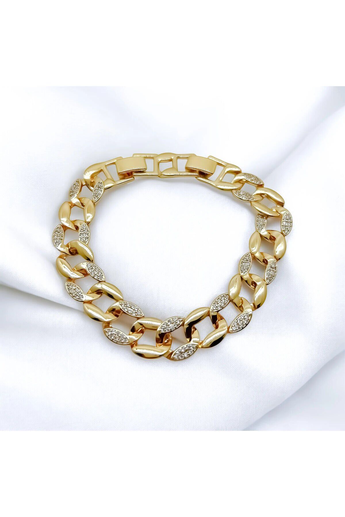 18k 17cm 2cm Kuyum Model Zirkon Taş Detaylı Gurmet Bileklik 316l Paslanmaz Çelik