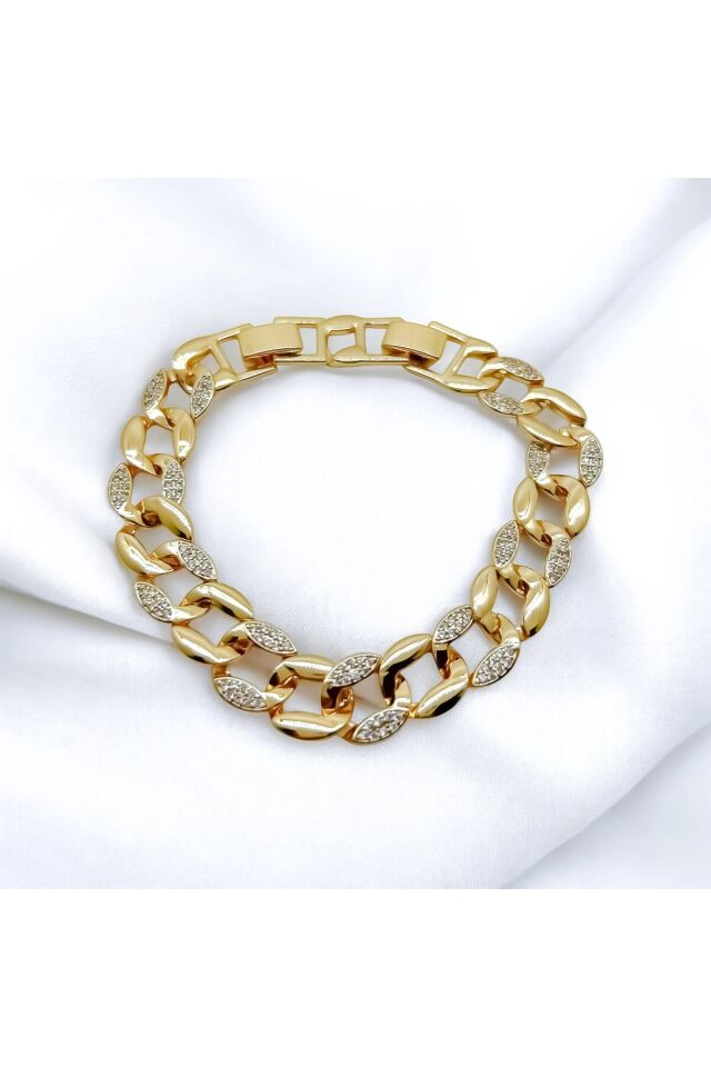 18k 17cm 2cm Kuyum Model Zirkon Taş Detaylı Gurmet Bileklik 316l Paslanmaz Çelik