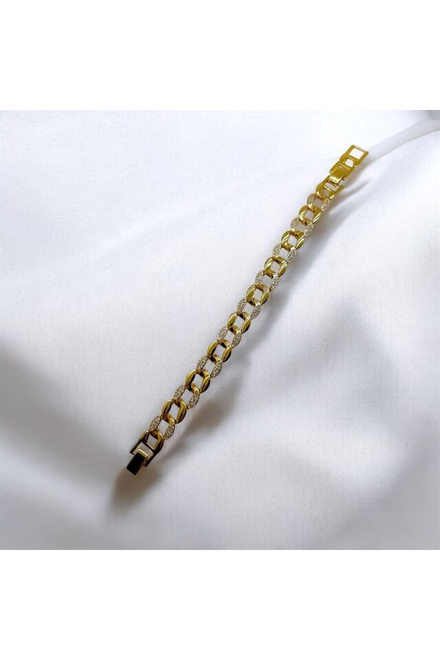 18k 17cm 2cm Kuyum Model Zirkon Taş Detaylı Gurmet Bileklik 316l Paslanmaz Çelik