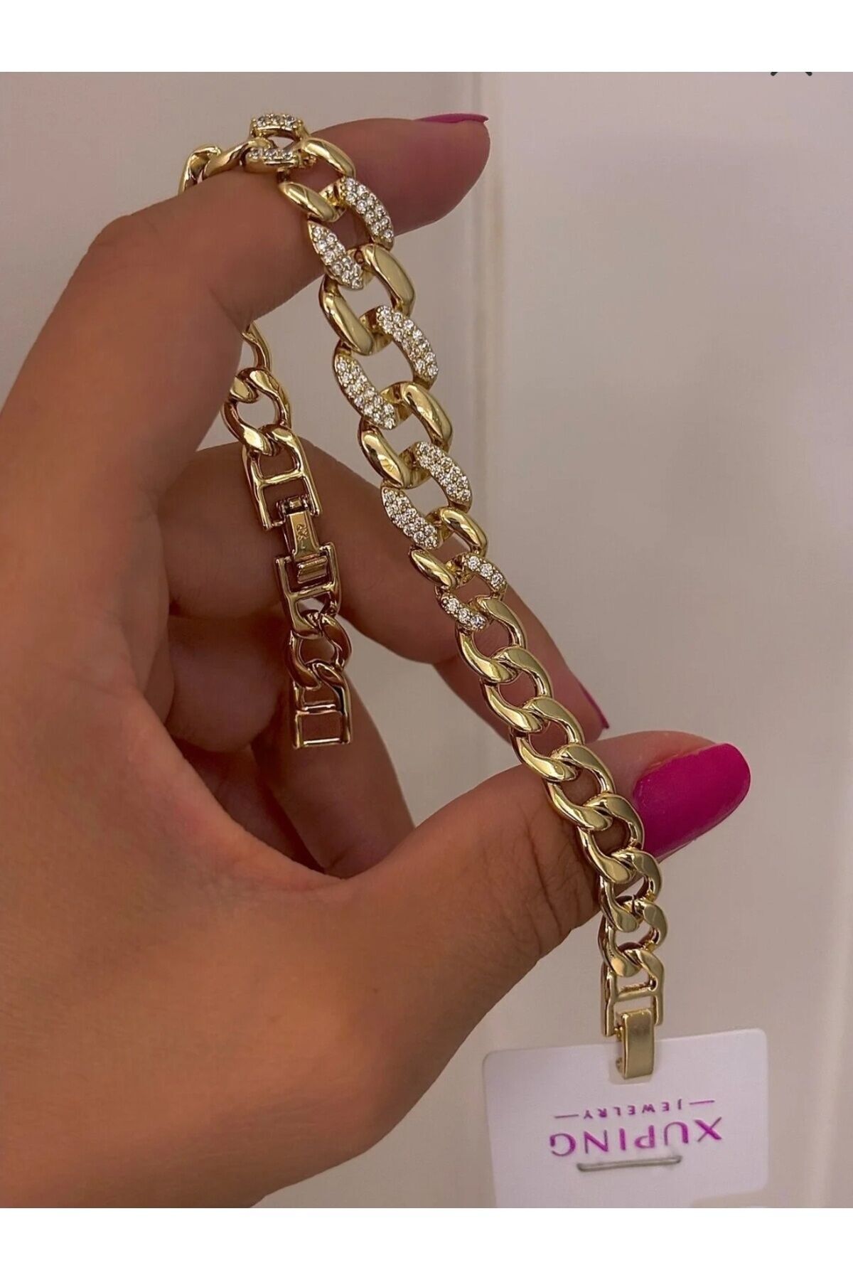 14K RENK ORTASI GENİŞ TAŞLI GURMET MODEL BİLEKLİK 17+2CM