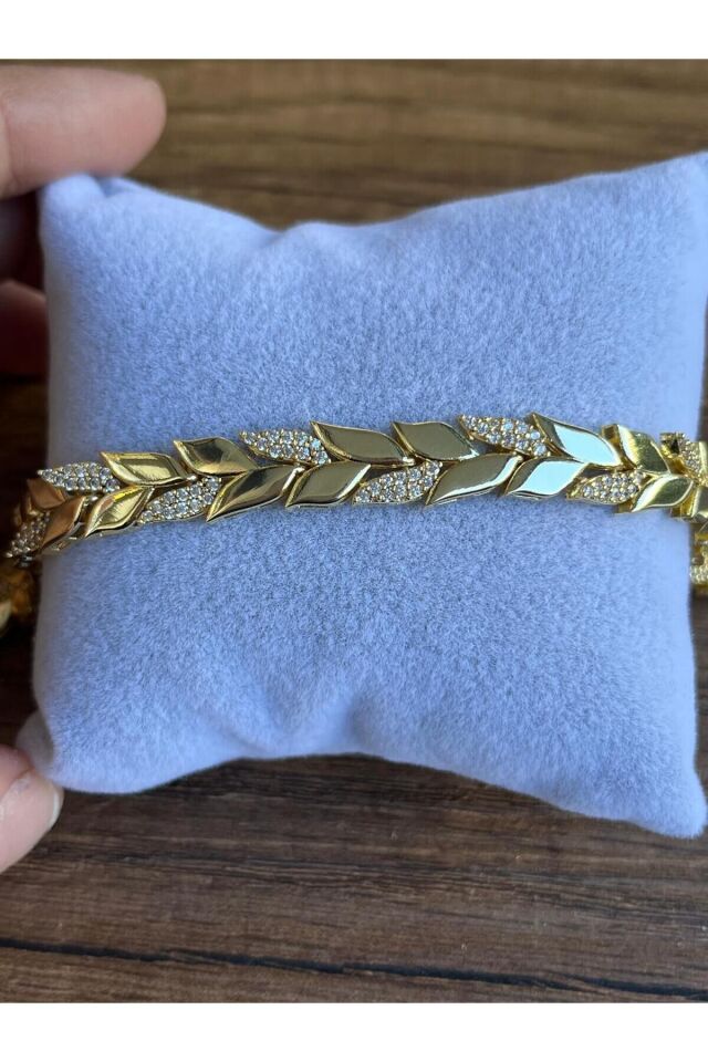 Luxury Yaprak Tasarım Zirkon Taşlı Gold Bileklik