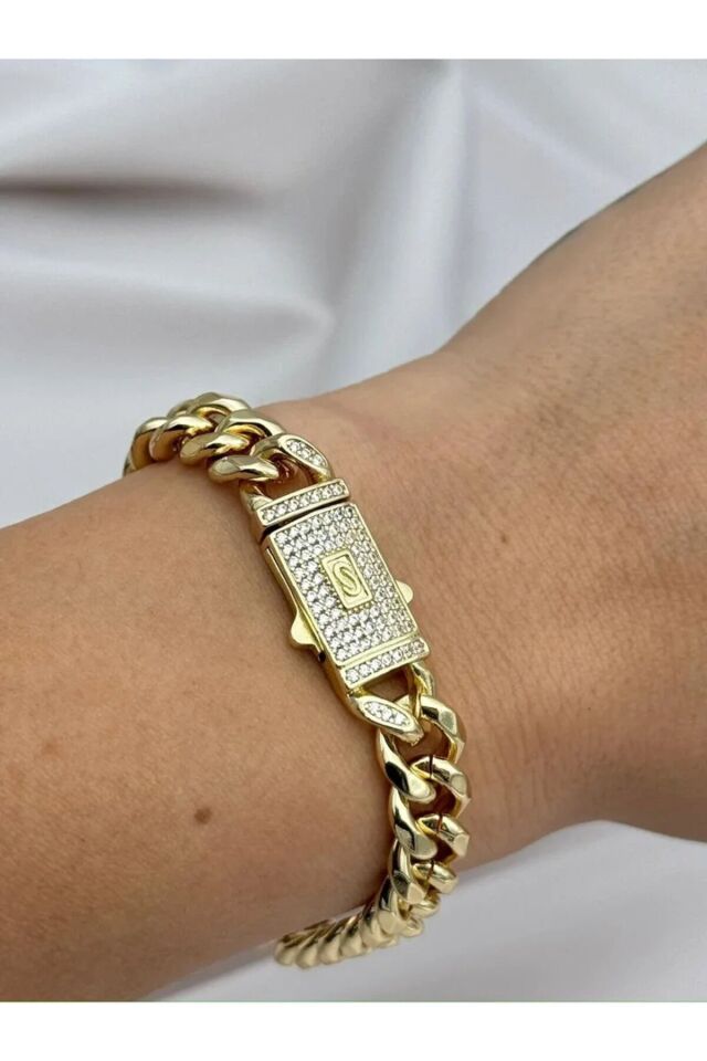 Gurmet Zincir Gold Kaplama 17CM Zirkon Taşlı Çelik Bileklik