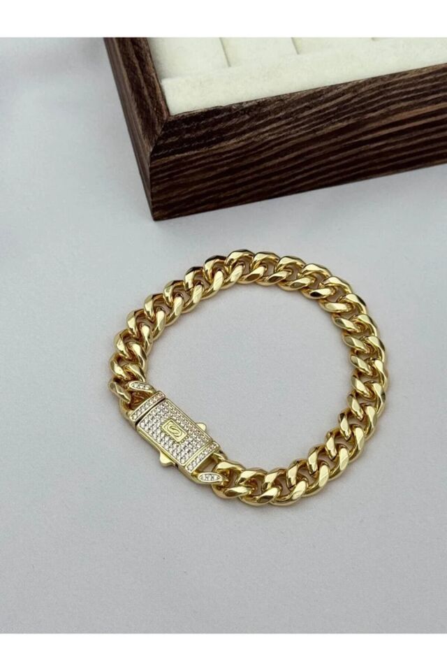 Gurmet Zincir Gold Kaplama 17CM Zirkon Taşlı Çelik Bileklik