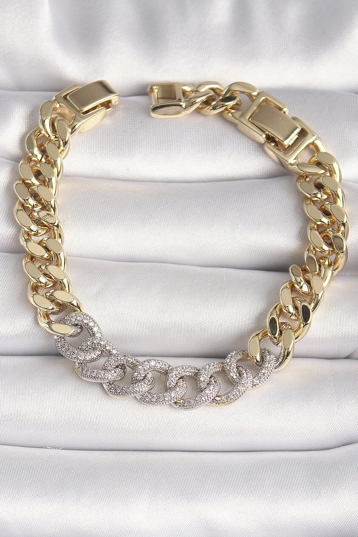 Pirinç Gold Renk Zirkon Taşlı Halka Zincir Xuping VIP Seri Exculusive Kadın Bileklik - Lisinya