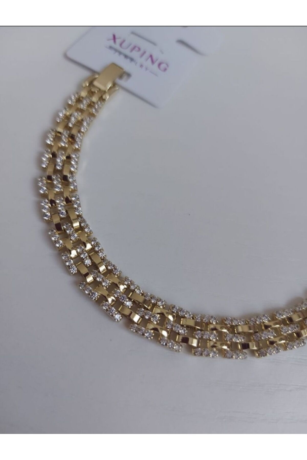 14K GOLD RENK KALIN ÜÇ SIRA TAŞLI KADIN BİLEKLİK 17+2CM