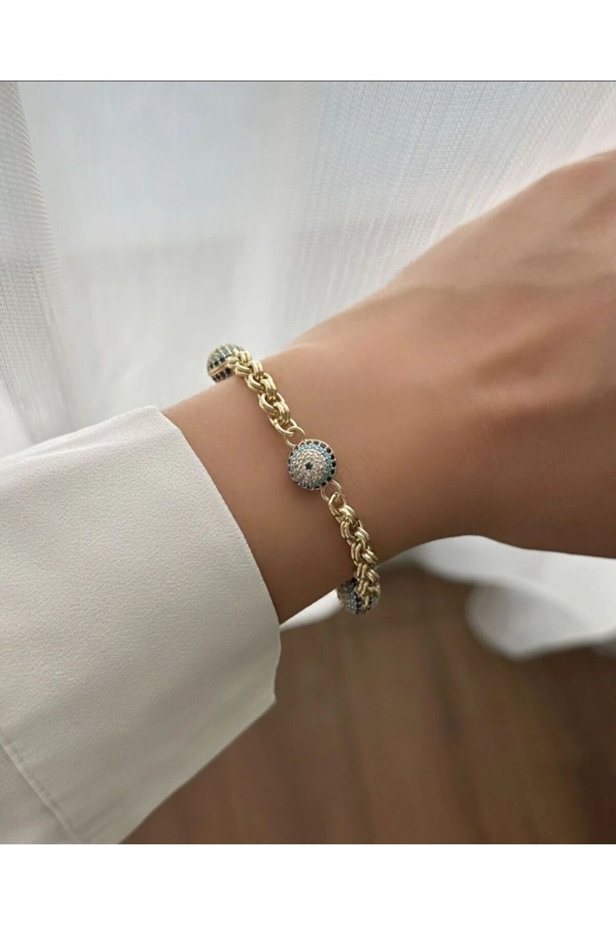 14K RENK SOSYETE GÖZLÜ TOPÇUK NAZARLI BİLEKLİK 17+3CM