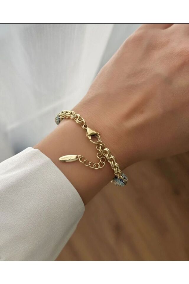14K RENK SOSYETE GÖZLÜ TOPÇUK NAZARLI BİLEKLİK 17+3CM