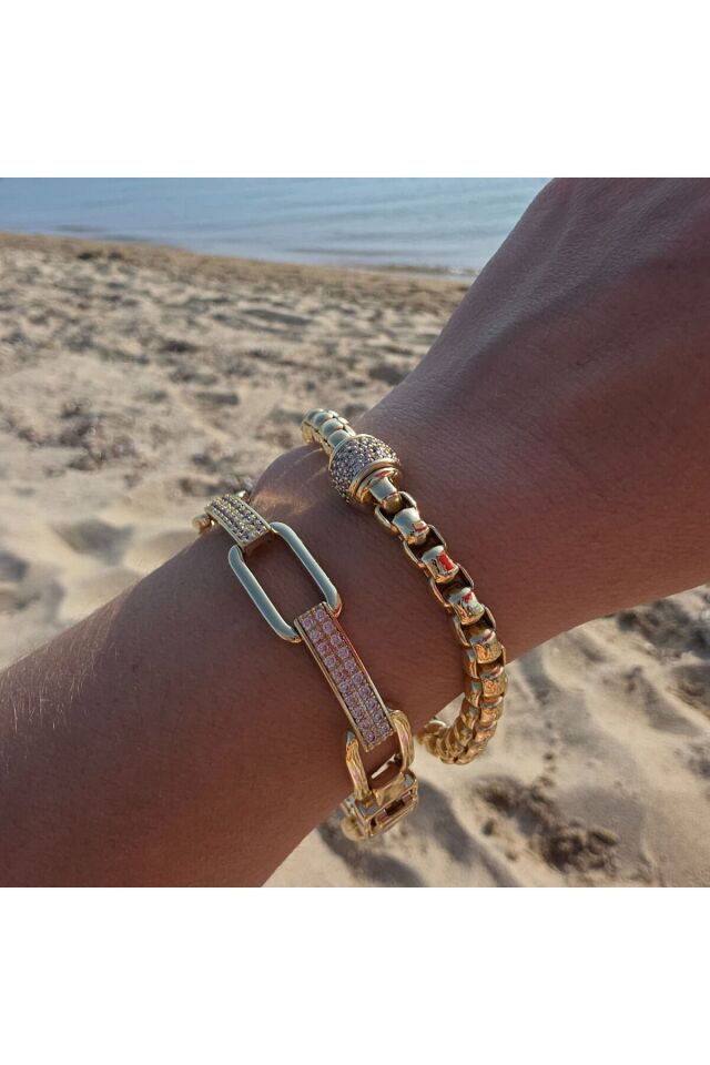 14K Gold Renk Zirkon Taşlı Topçuk Bileklik