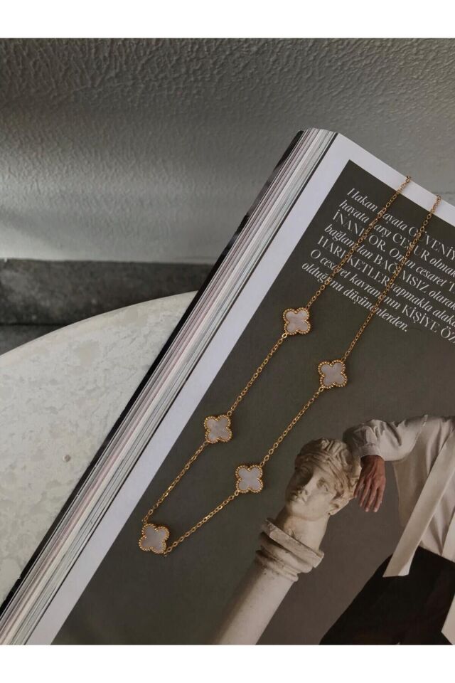 GOLD RENL ÇELİK SEDEFLİ YONCA KOLYE