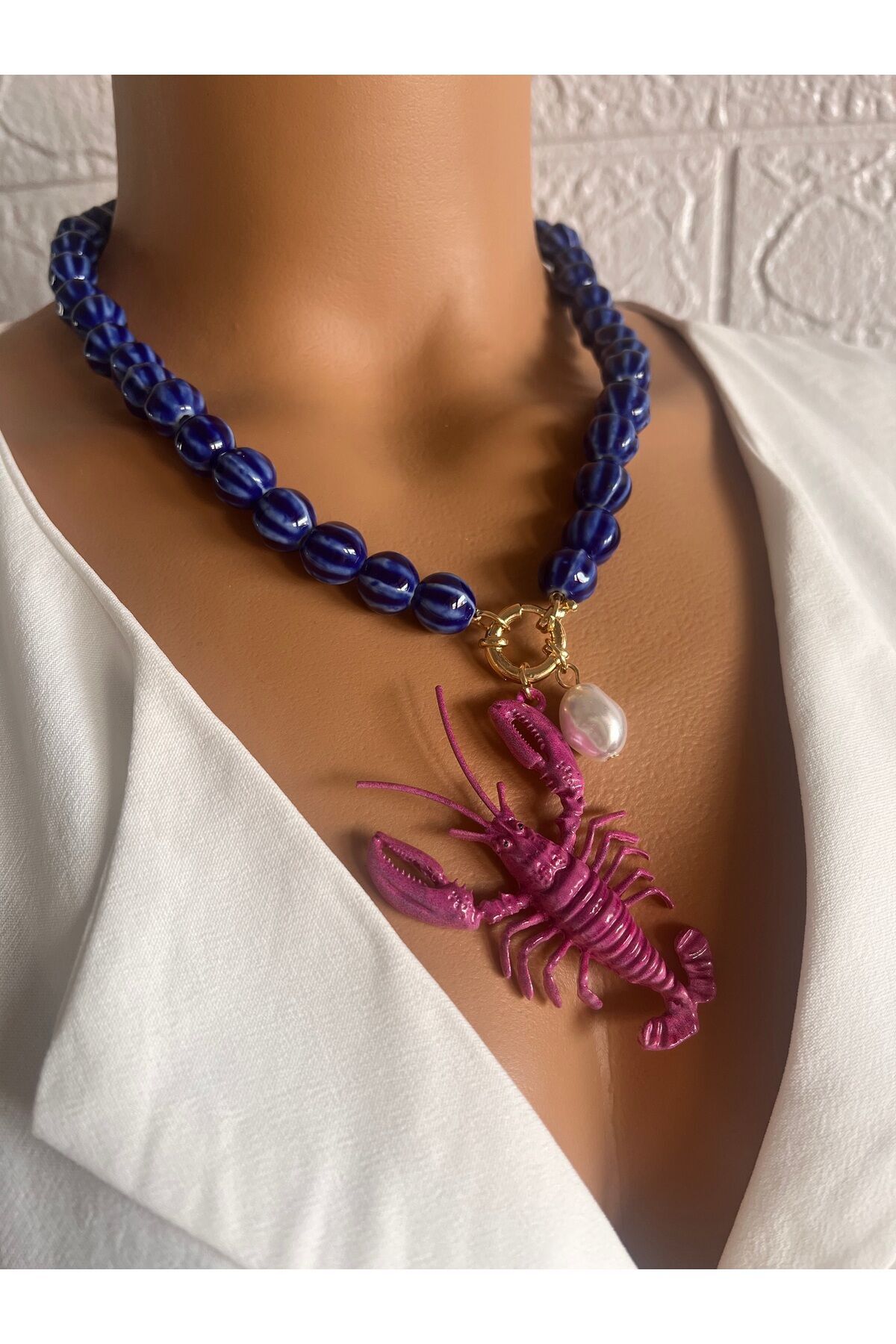 Marka model pembe yengeç yazlık kolye