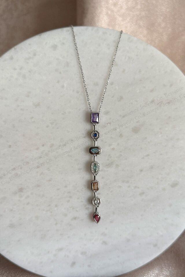 Renkli Zirkon Taşlı Çelik Y Model Kolye