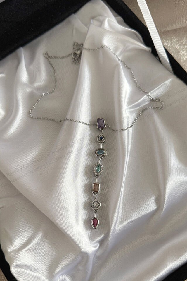 Renkli Zirkon Taşlı Çelik Y Model Kolye