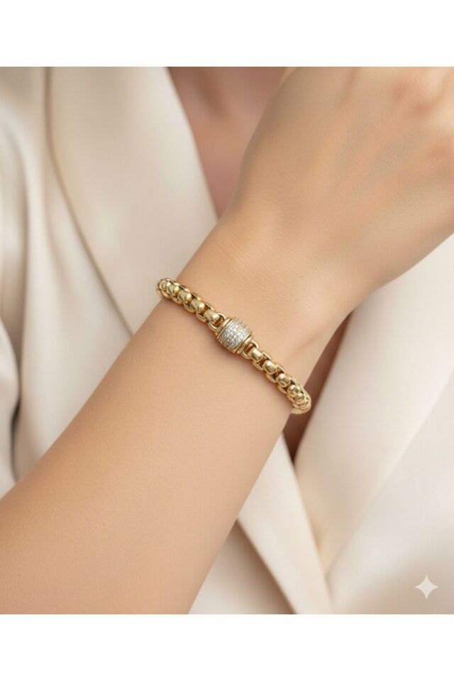 Stil Incisi/ 14 Ayar Altın Kaplama Ortası Yuvarlak Zirkon Taşlı Bileklik