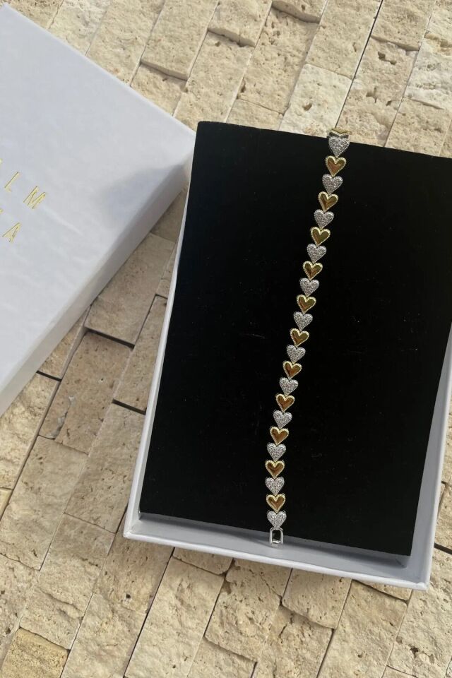 Trend Minimal Kalp Gold Detaylı Gümüş Zirkon Taşlı Kutulu Bileklik