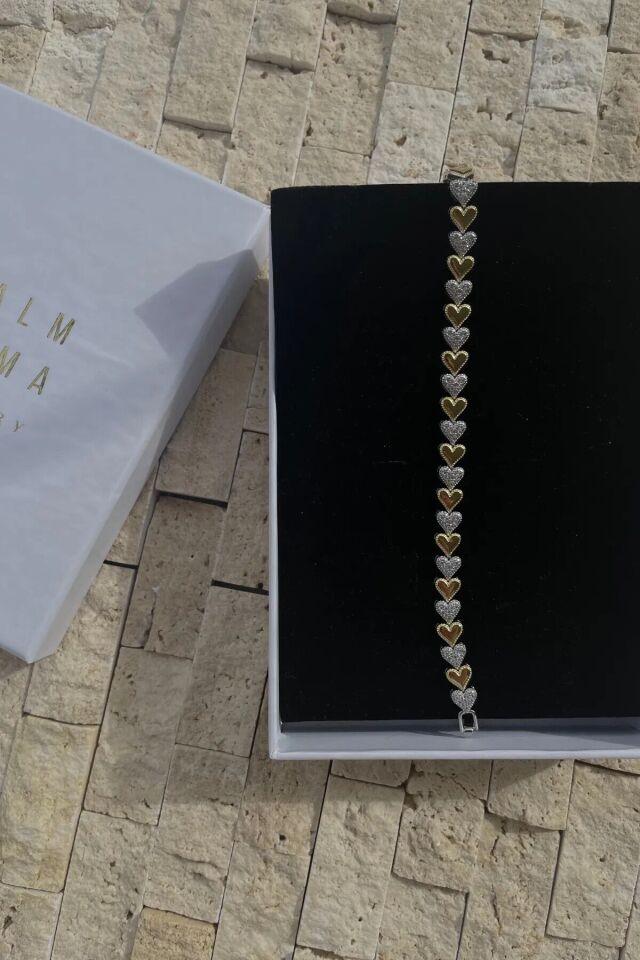 Trend Minimal Kalp Gold Detaylı Gümüş Zirkon Taşlı Kutulu Bileklik