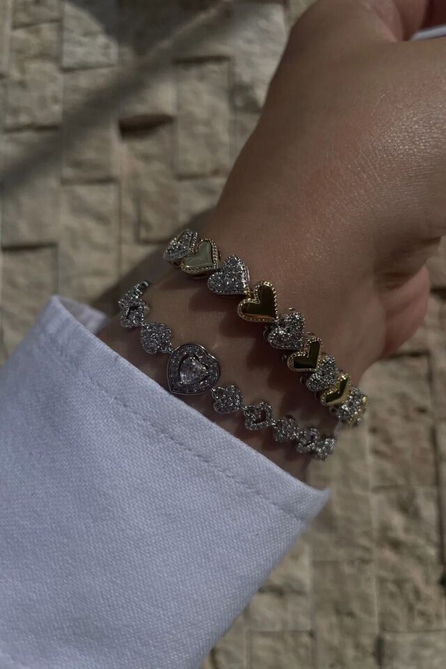 Trend Minimal Kalp Gold Detaylı Gümüş Zirkon Taşlı Kutulu Bileklik