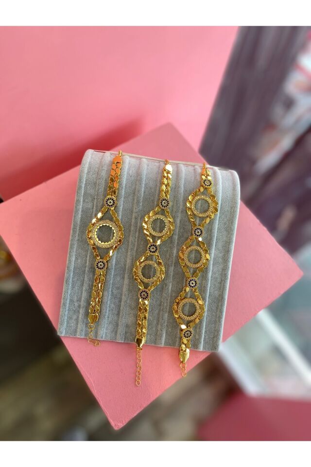Gold Renk Taşlı Nazar Boncuklu Çeyrek Altın Uyumlu Bileklik