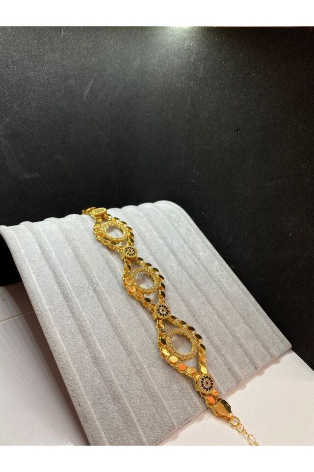 Gold Renk Taşlı Nazar Boncuklu Çeyrek Altın Uyumlu Bileklik