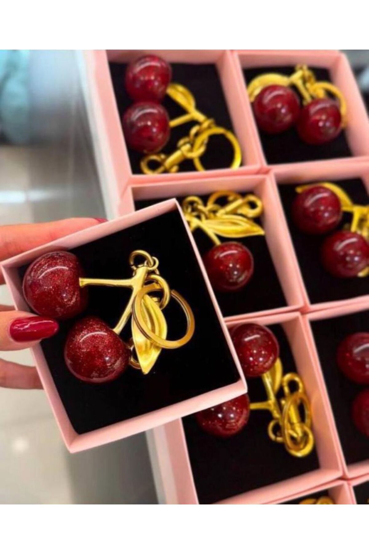 Kiraz Anahtarlık Kırmızı Büyük Tasarım Parıldayan Kiraz Cüzdan Çanta Süsü Charm