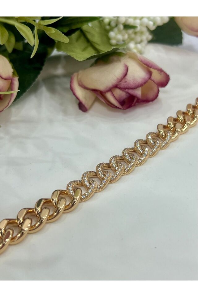 XUPİNG VİP KARARMAZ Ortası Taş Detaylı Zincir Bileklik (16cm/18k Gold)