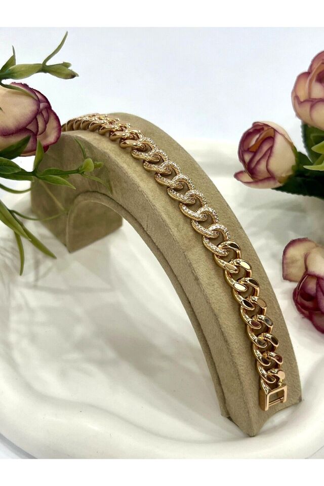 XUPİNG VİP KARARMAZ Ortası Taş Detaylı Zincir Bileklik (16cm/18k Gold)