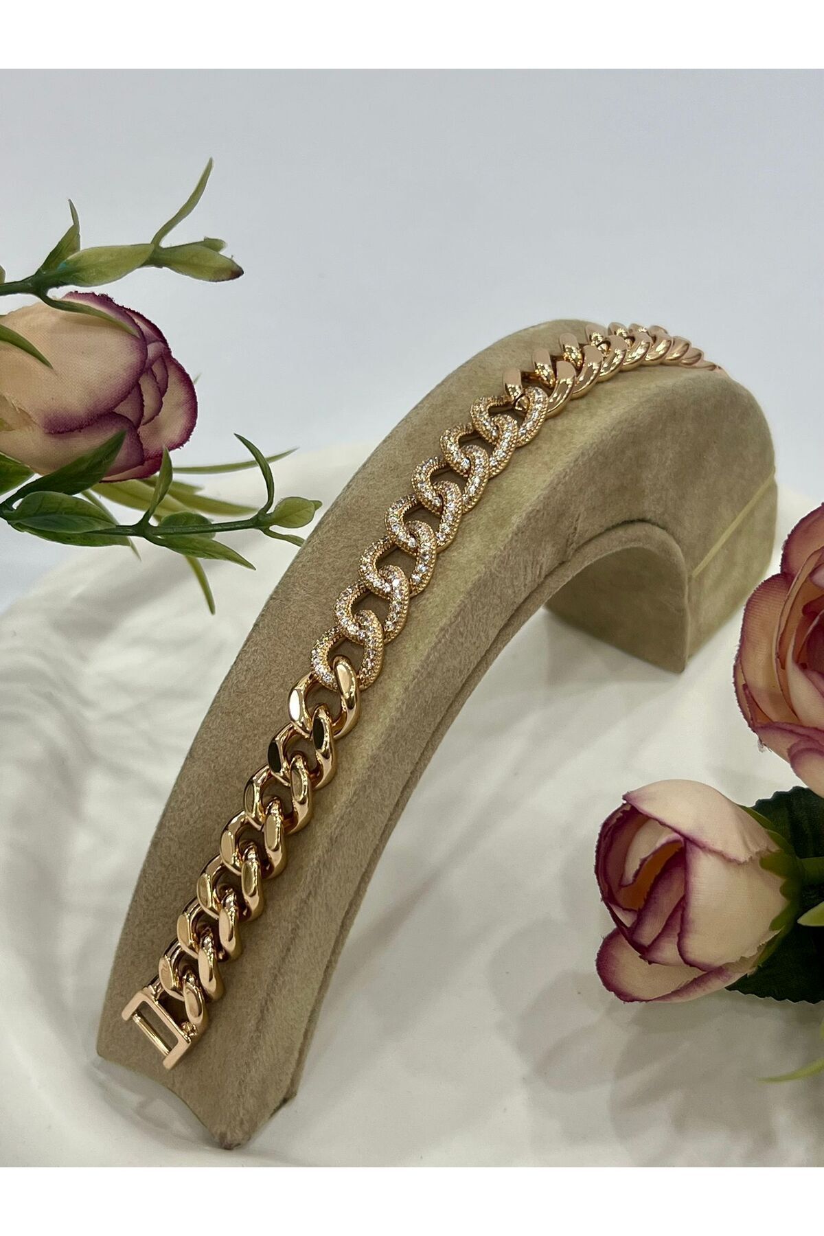 XUPİNG %100 Ortası Taş Detaylı Zincir Bileklik (16cm/18k Gold)