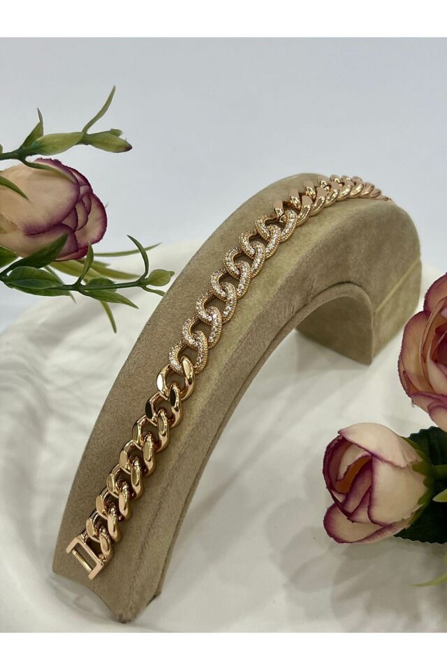 XUPİNG %100 Ortası Taş Detaylı Zincir Bileklik (16cm/18k Gold)