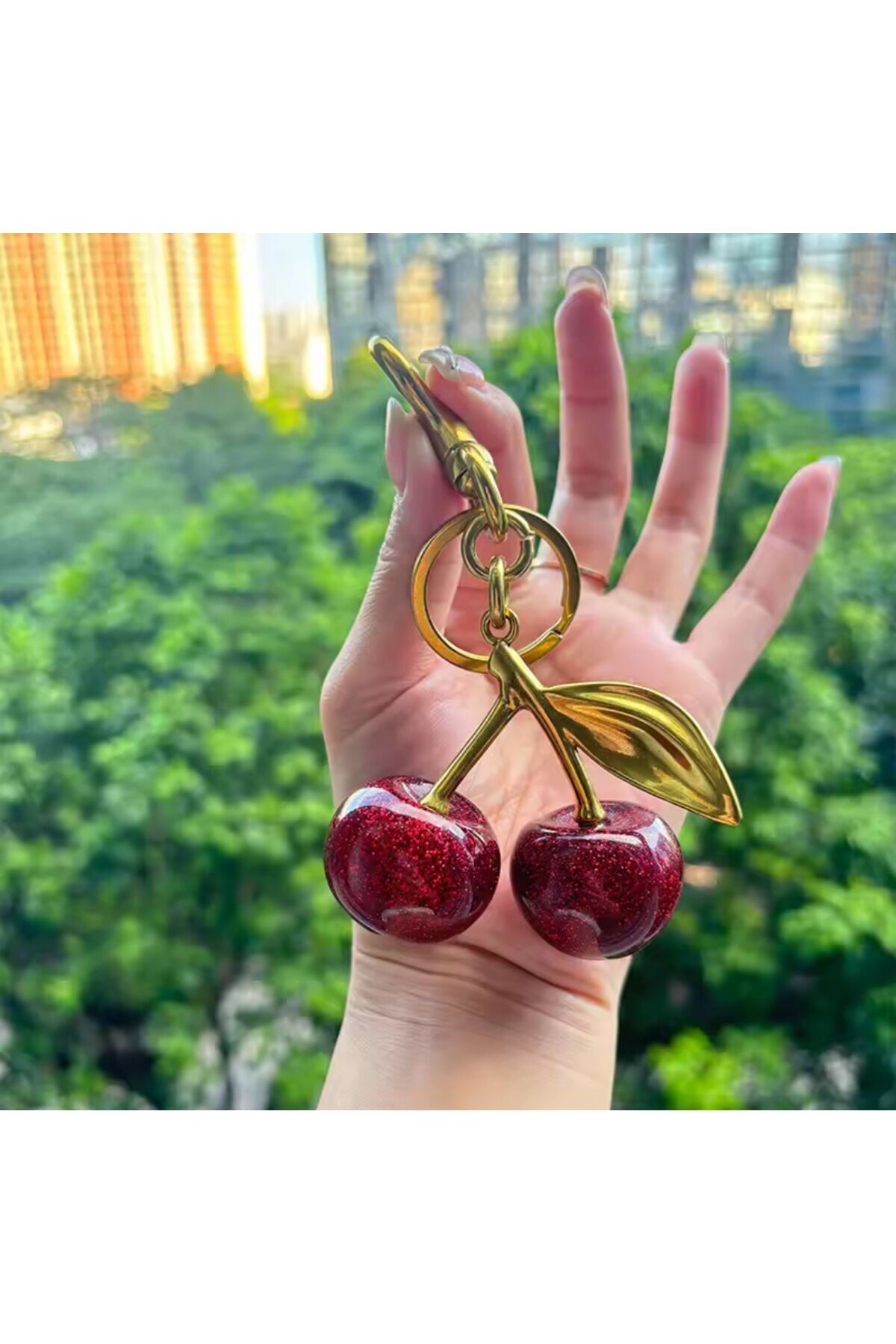 Kırmızı Kiraz Gold Detaylı Charm Çanta Süsü Anahtarlık