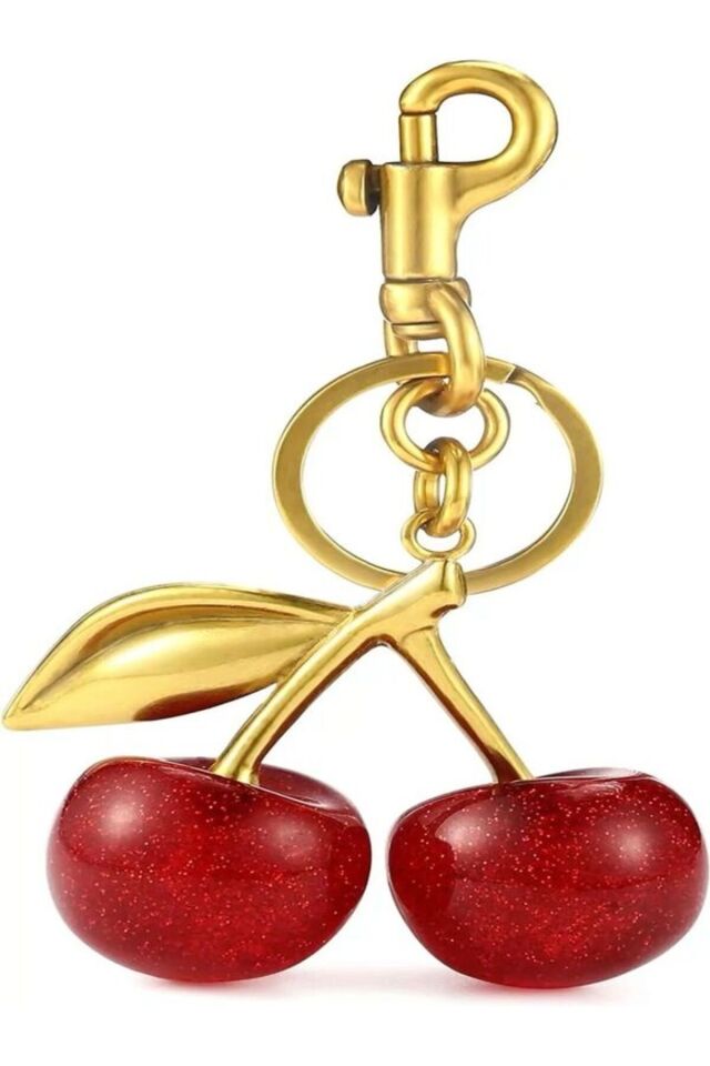 Kiraz Büyük Boy Mat Gold Detaylı Kırmızı Viral Çanta Charm Çanta Süsü / Anahtarlık
