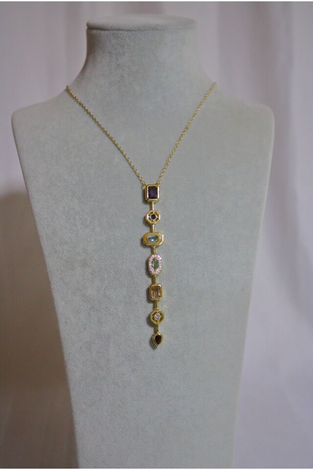 Steel Çok 7 Element Renkli Taşlı Y Kolye Modeli Gold