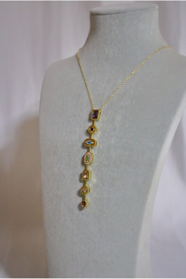 Steel Çok 7 Element Renkli Taşlı Y Kolye Modeli Gold