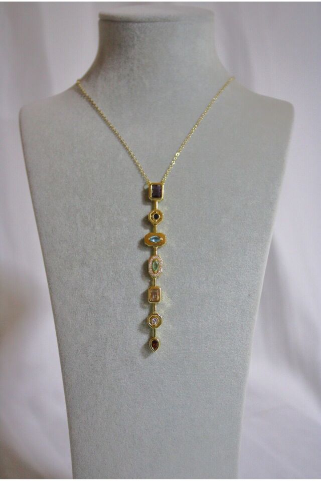 Steel Çok 7 Element Renkli Taşlı Y Kolye Modeli Gold